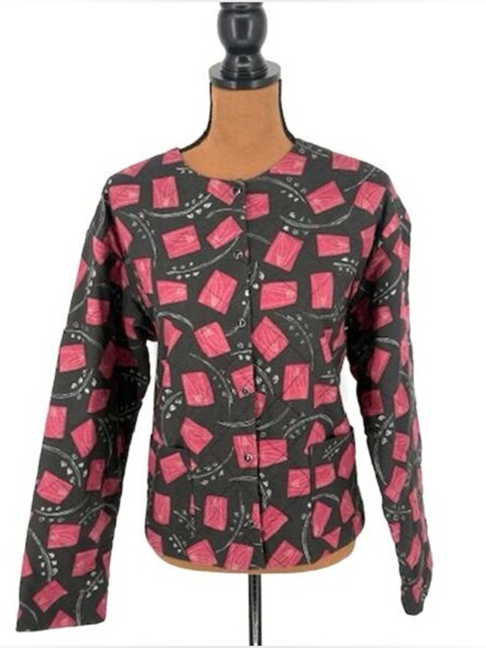 Peruvian Connection Quilted Black Jacket Pink Geometric Print Pearl Snap Buttons